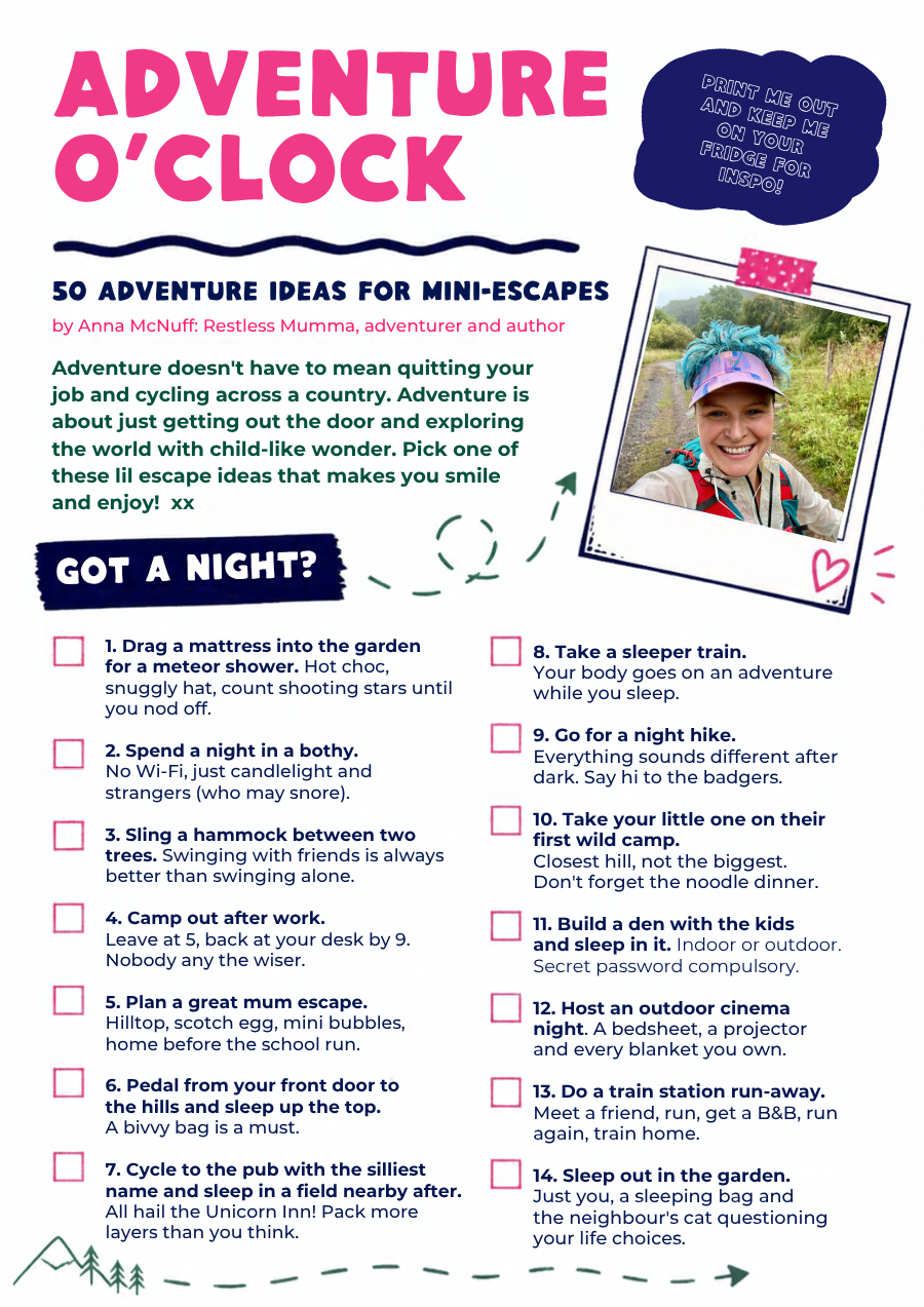 Adventure O'Clock free printable: 50 adventure ideas for mini escapes by Anna McNuff